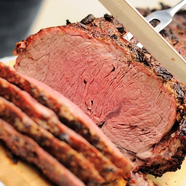 Close-up of medium-rare roast beef sliced at Silver Spike Bar & Grill, Dilworth, Minnesota.