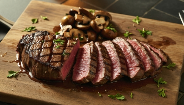 Sliced grilled steak with a pink center, served at Silver Spike Bar & Grill Dilworth Minnesota.
