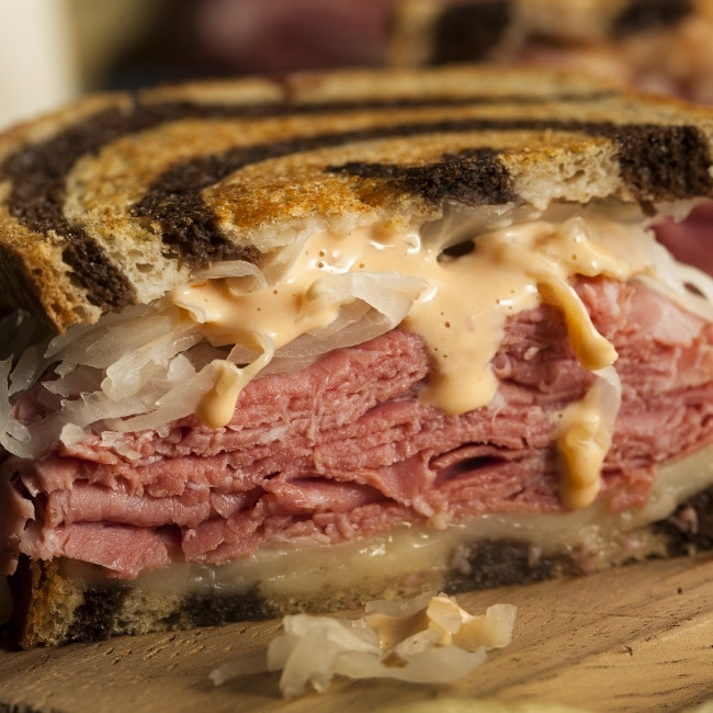 Close-up of a Reuben sandwich at our Restaurant & Bar in Dilworth MN, stacked with corned beef.